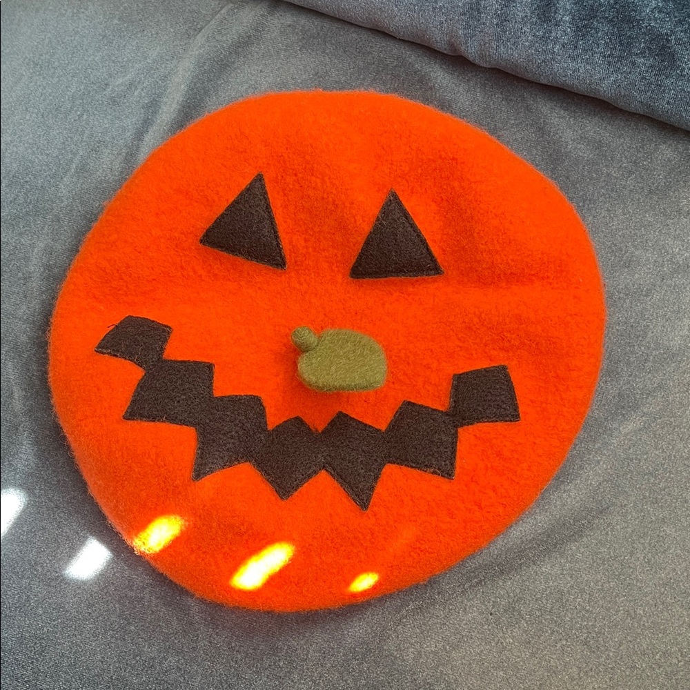 Festive Orange Jack O Lantern Pumpkin Beret - one of a kind! For a small head